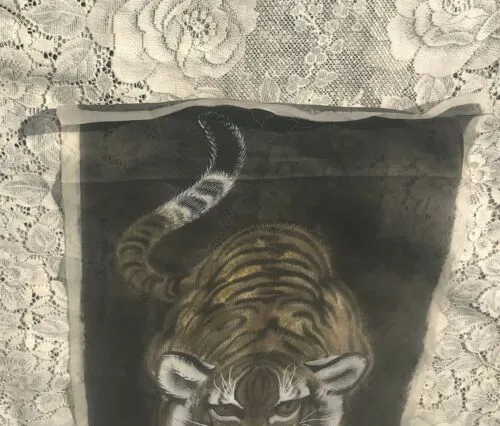 Antique Vintage Asian Tiger Original Painting on Silk Signed Hand Painted Art