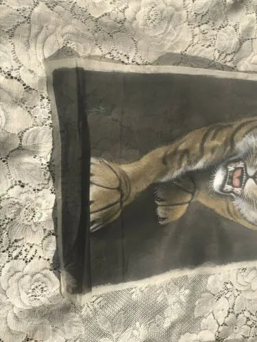 Antique Vintage Asian Tiger Original Painting on Silk Signed Hand Painted Art