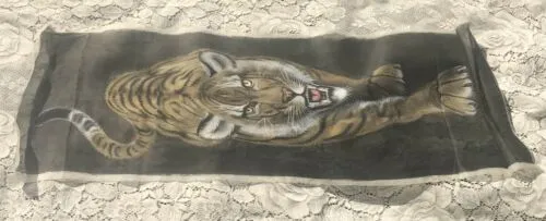 Antique Vintage Asian Tiger Original Painting on Silk Signed Hand Painted Art