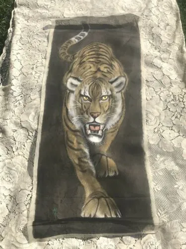 Antique Vintage Asian Tiger Original Painting on Silk Signed Hand Painted Art