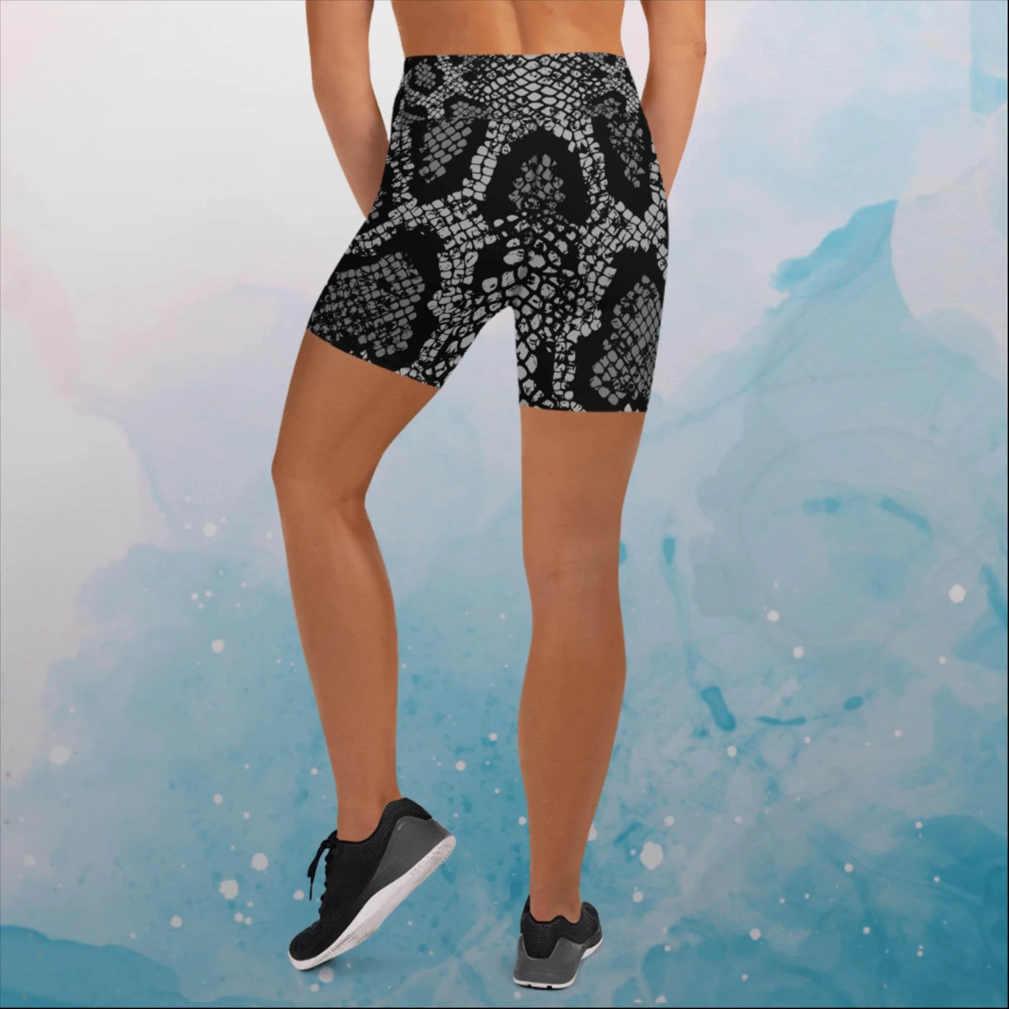 Black Snake Skin Womens Yoga Shorts