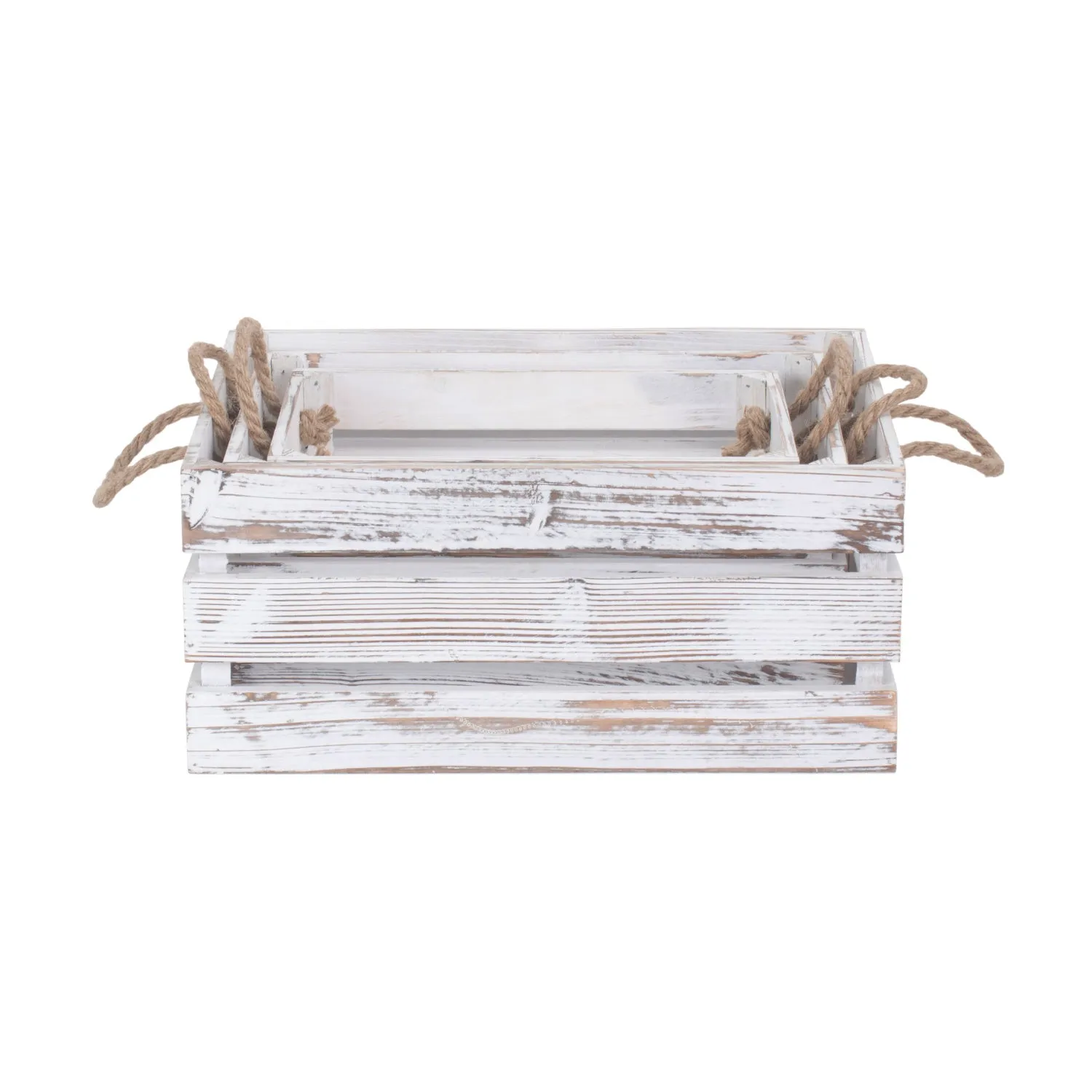 Distressed White Wash Rope Handled Crate Set 3