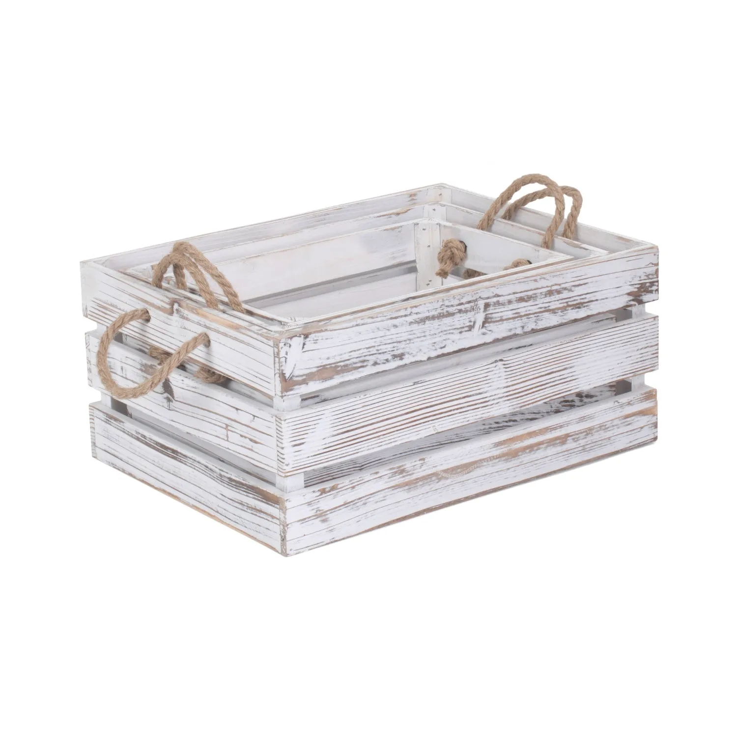 Distressed White Wash Rope Handled Crate Set 3