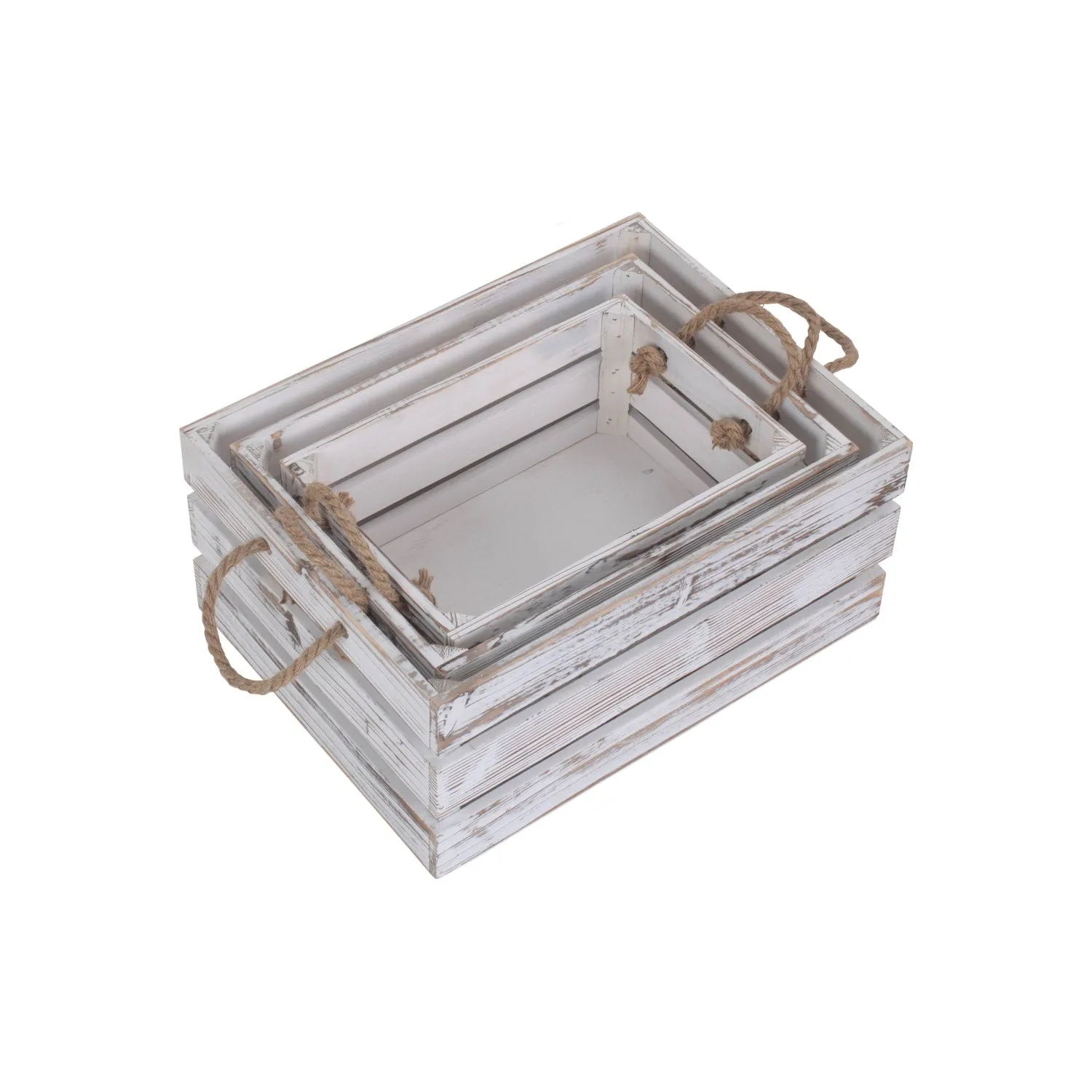 Distressed White Wash Rope Handled Crate Set 3