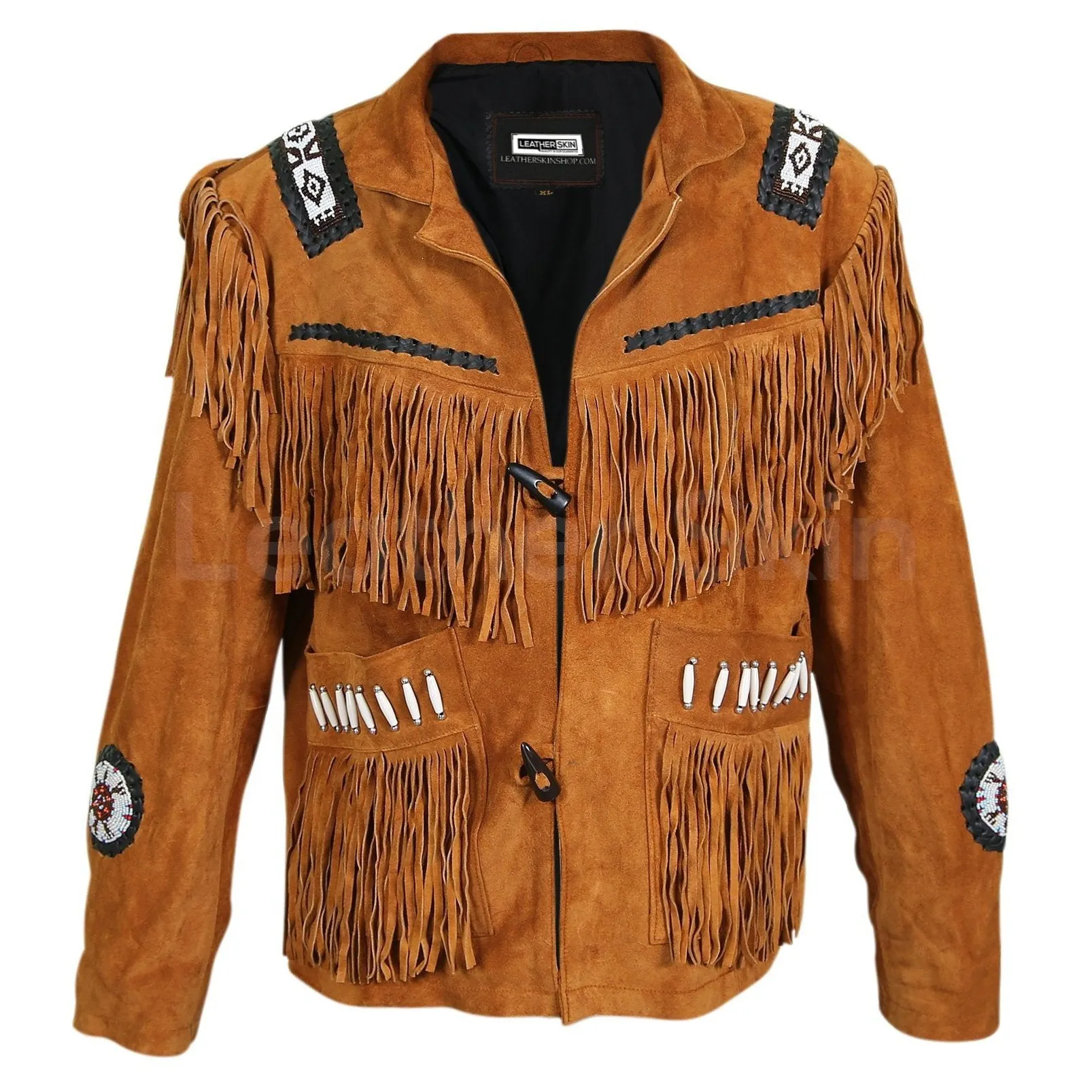 Men Brown Western Fringes with white beads decoration