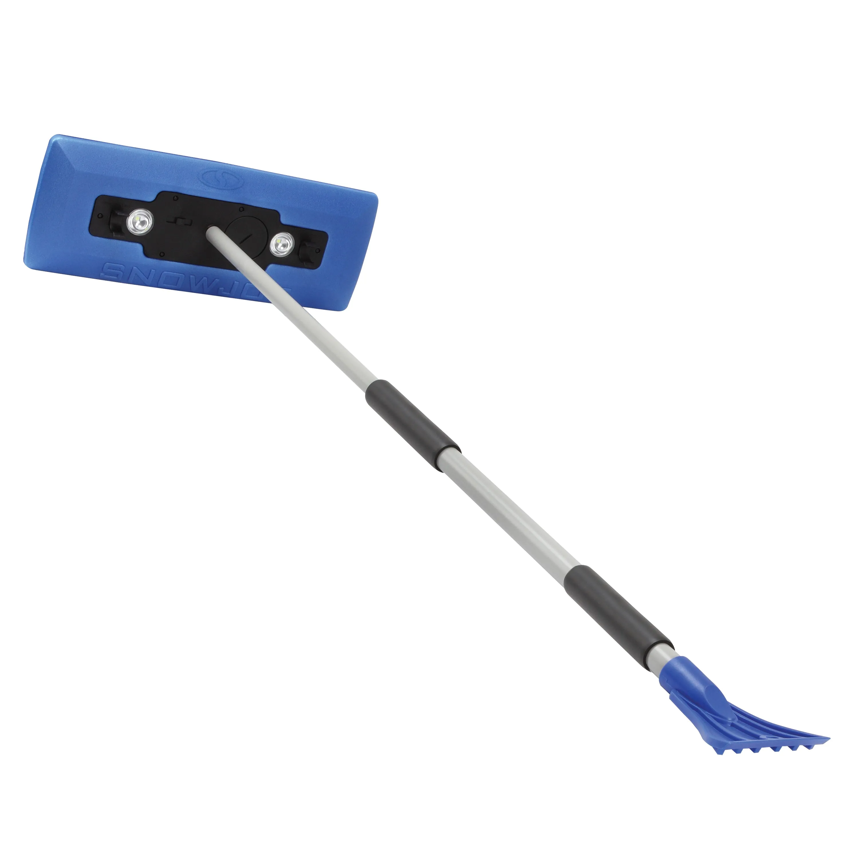 Snow Joe SJBLZD-LED 4-In-1 Telescoping Snow Broom   Ice Scraper | 18-Inch Foam Head | Headlights (Blue)