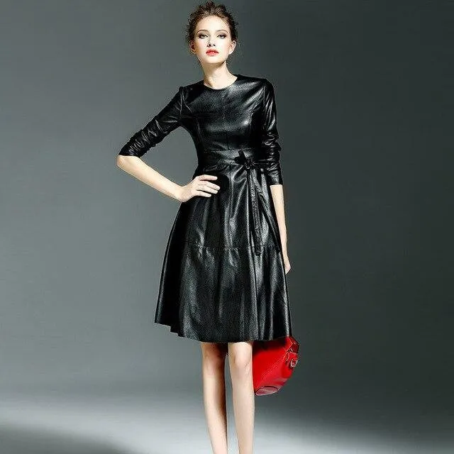 Women High Quality Faux Leather Office Lady A-line Dresses